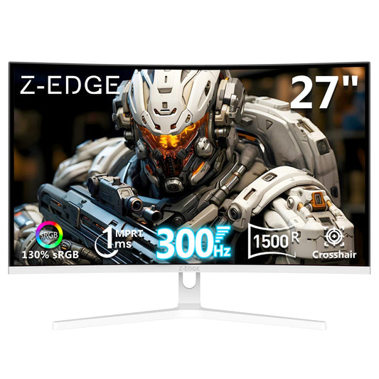 Z Z-EDGE 27 inch Curved Gaming Monitor, FHD 1080P 300Hz 240Hz Computer Monitor, Ultra-Fast MPRT 1ms White Monitor, 1500R, 16.7M Colors, UG27H Frameless Bezel, 2X DP 1.4 Ports and 2X HDMI 2.0 Ports