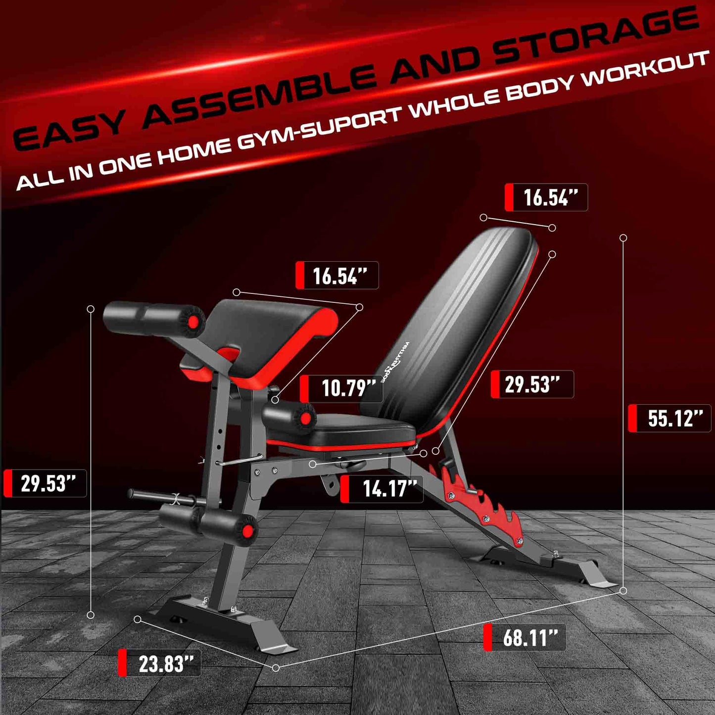 BODYRHYTHM Multifunctional Adjustable Weighted Bench with Leg Extension and Preacher Pad, Ab/Back Hyper Roman Chair, Adjustable Ab Sit up Bench, Flat Incline Decline Bench, Hyperextension Bench, Back