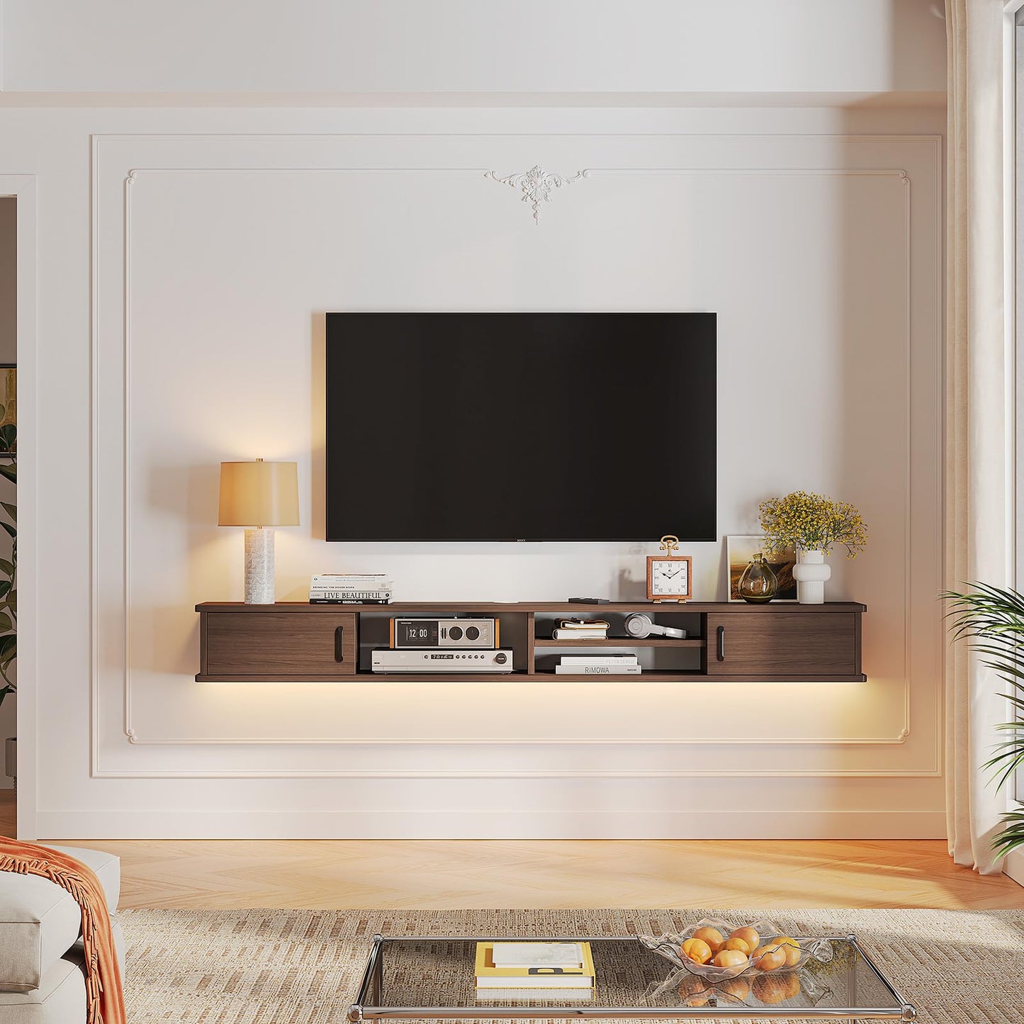 FurniNova Floating TV Stand,51'' Wall Mounted TV Console,Floating TV Shelf,Wall TV Cabinet,Floating Entertainment Shelf,Walnut