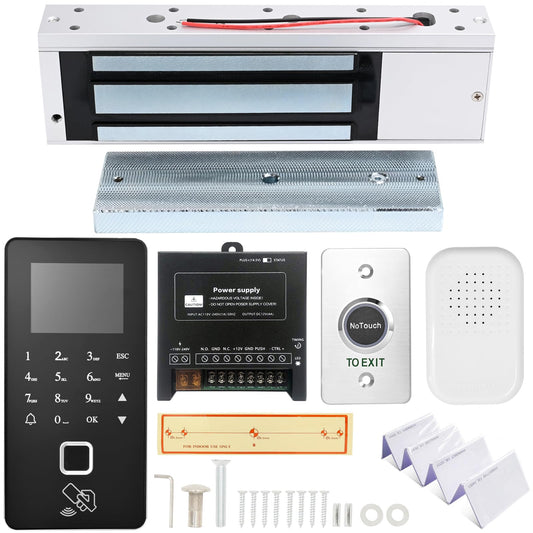 Biometric Access Control System with Fingerprint, Keypad, RFID, Infrared Exit Button, 1200lb Magnetic Lock, LCD Display, USB Download, Attendance Tracking, Timed Unlock,for Office, Store, Home
