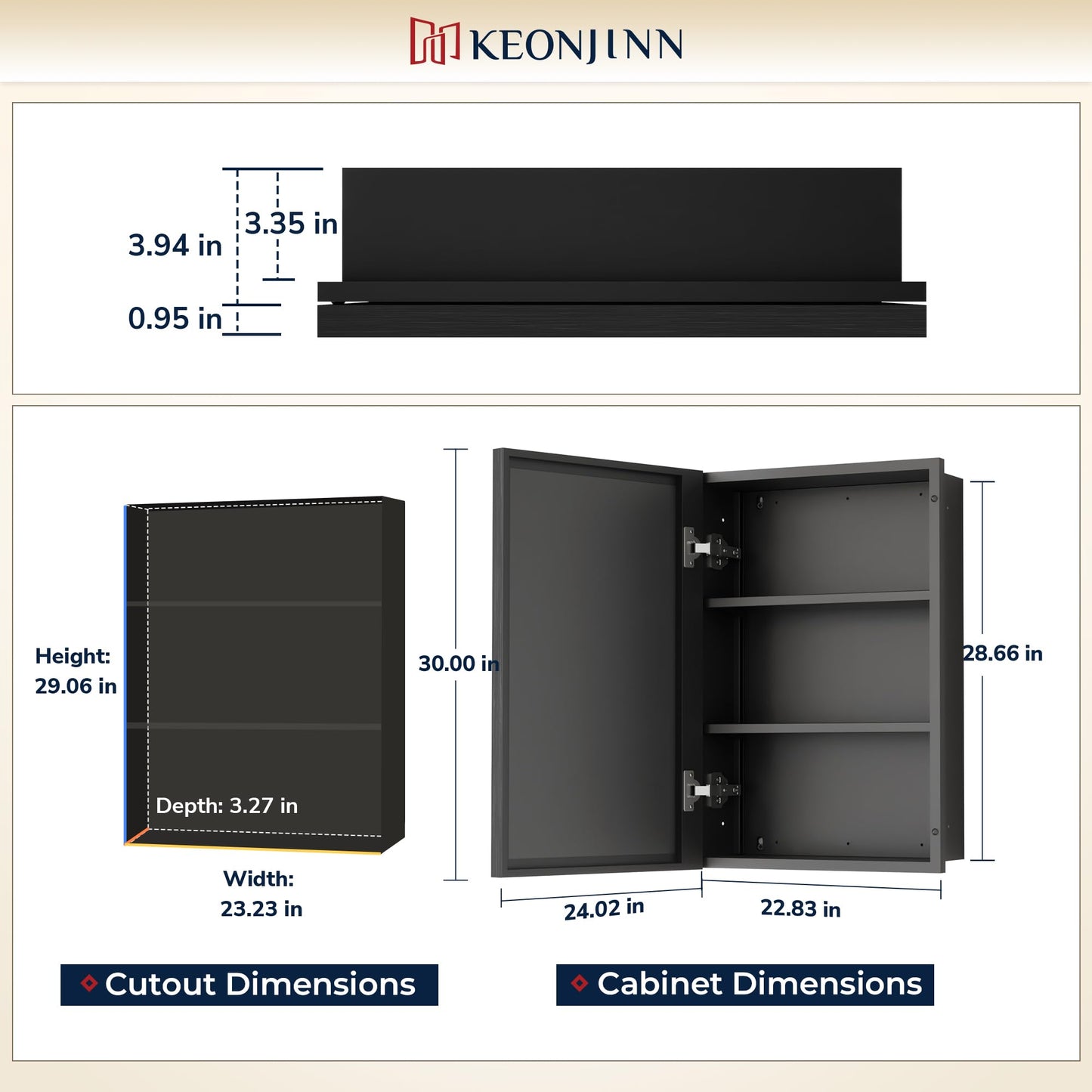 Keonjinn 24" x 30" Black Bathroom Medicine Cabinets with Mirror, Fully Assembled, Large Mirrored Medicine Cabinet Recessed or Surface Wall-Mounted, Aluminum Metal Framed, Farmhouse Cabinet Mirror