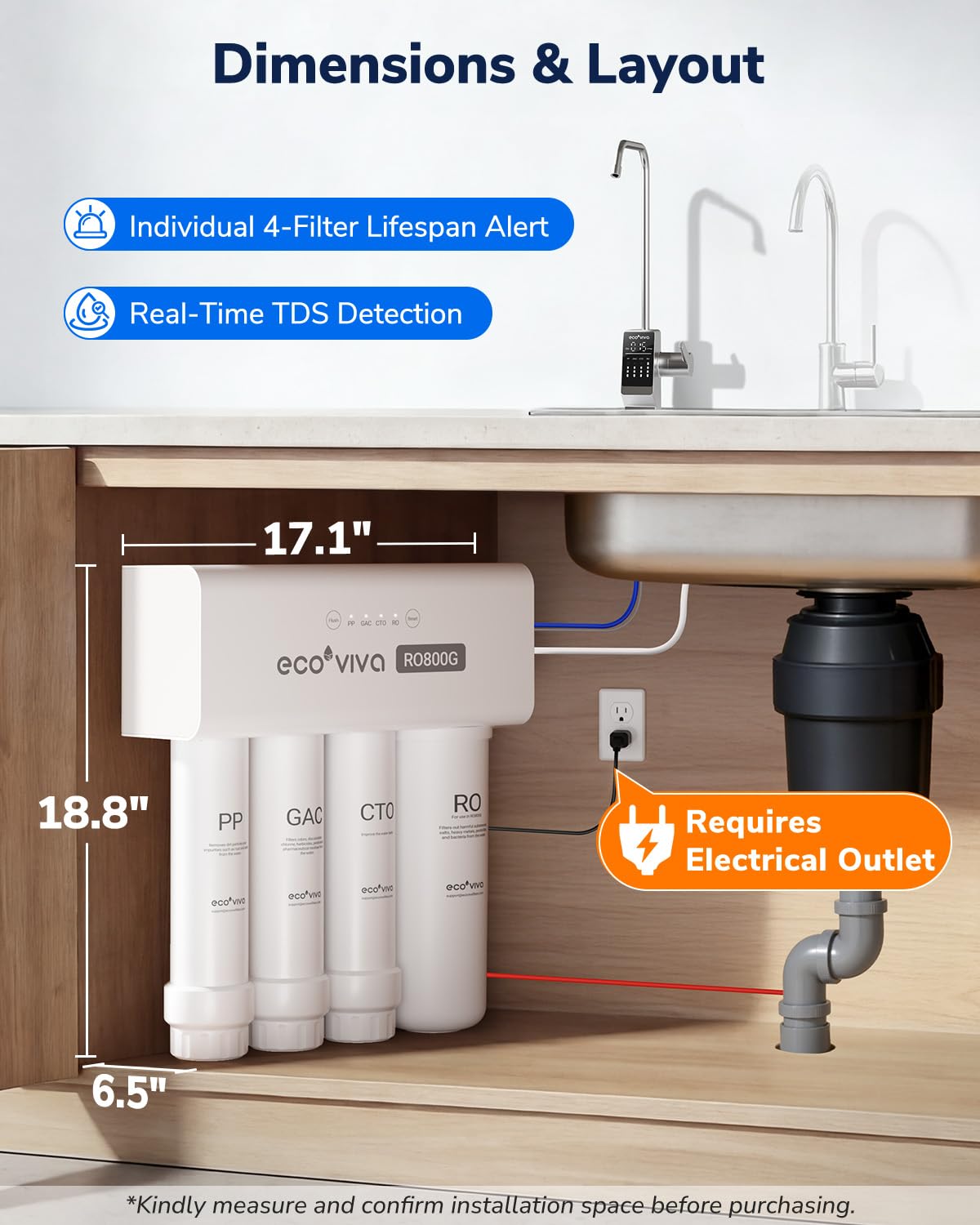 Ecoviva 800GPD UnderSink Reverse Osmosis System, German Design with NSF/ANSI 58 61 372 Tankless 3:1 Pure to Drain 9-Stage, 10 Years Robust Alkaline RO Water Filtration, Fully Sealed Noise Reduction