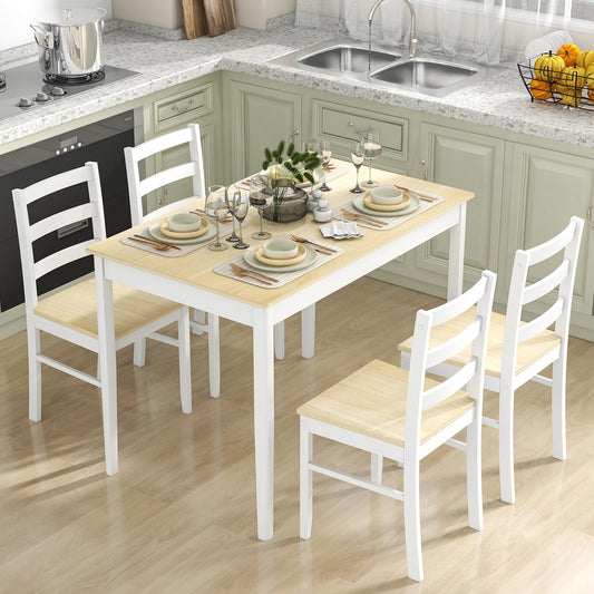 Tangkula Dining Table Set for 4, Solid Wood, Farmhouse Dinette Set w/Rubber Wood Legs, Compact Dining Table and Chairs Set for Kitchen, Dining Room (Natural+White)