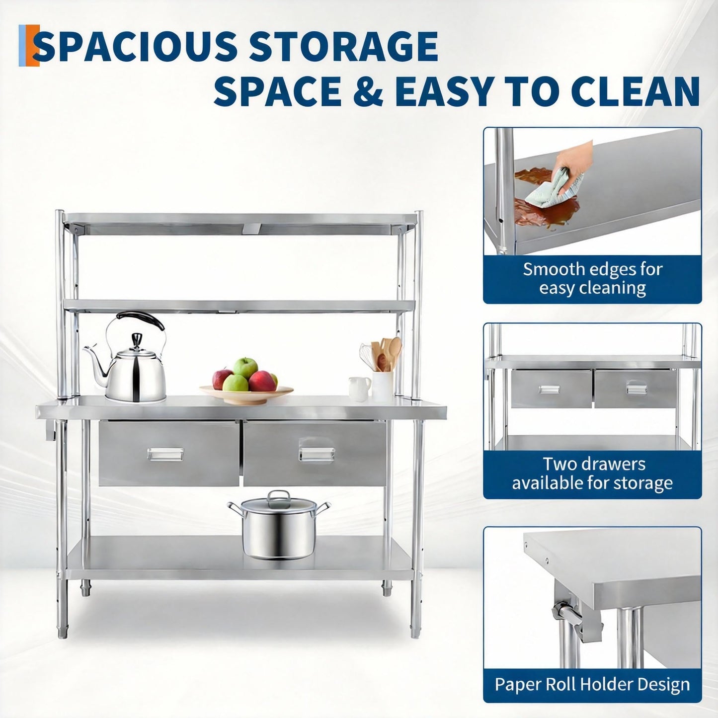 Stainless Steel Table with Overshelves and Drawers, Work Tables Workbench