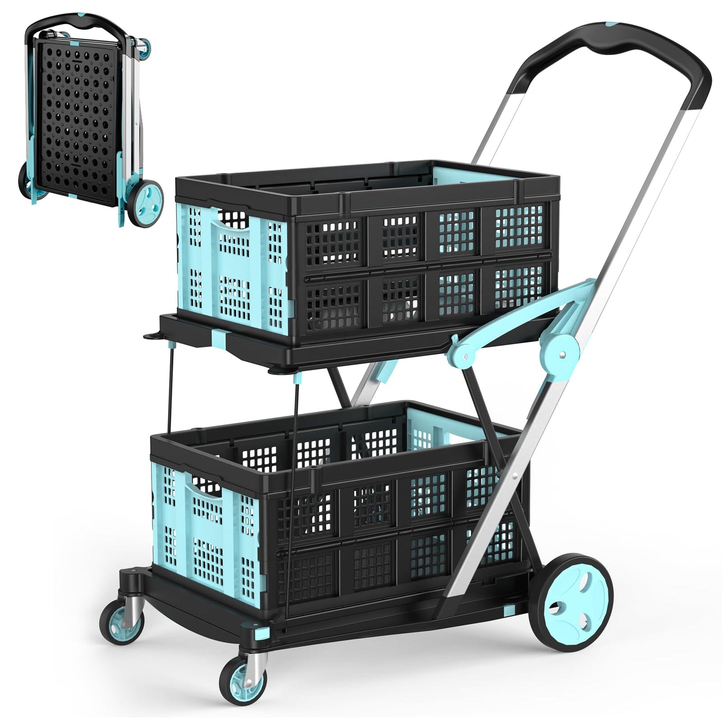 Foldable Shopping Cart, 200 lbs Capacity Grocery Cart on Wheels with Two Collapsible Crate Heavy Duty Collapsible Carts with Foot Brake for Groceries, Office, Warehouse and Supermarket