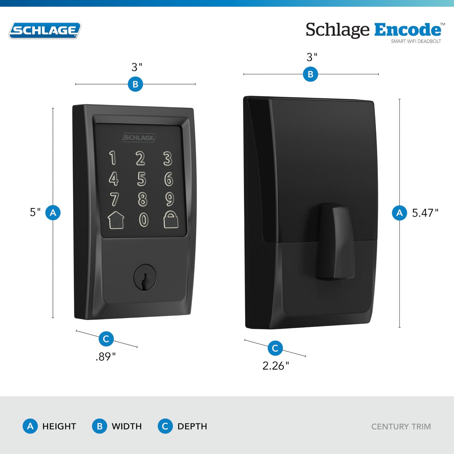 Schlage Encode Smart Wi-Fi Deadbolt Lock with Touchscreen Keypad, Keyless Front Door Entry, App Control, Alexa, Google Home and Airbnb Compatible, Matte Black, BE489WB CEN 622