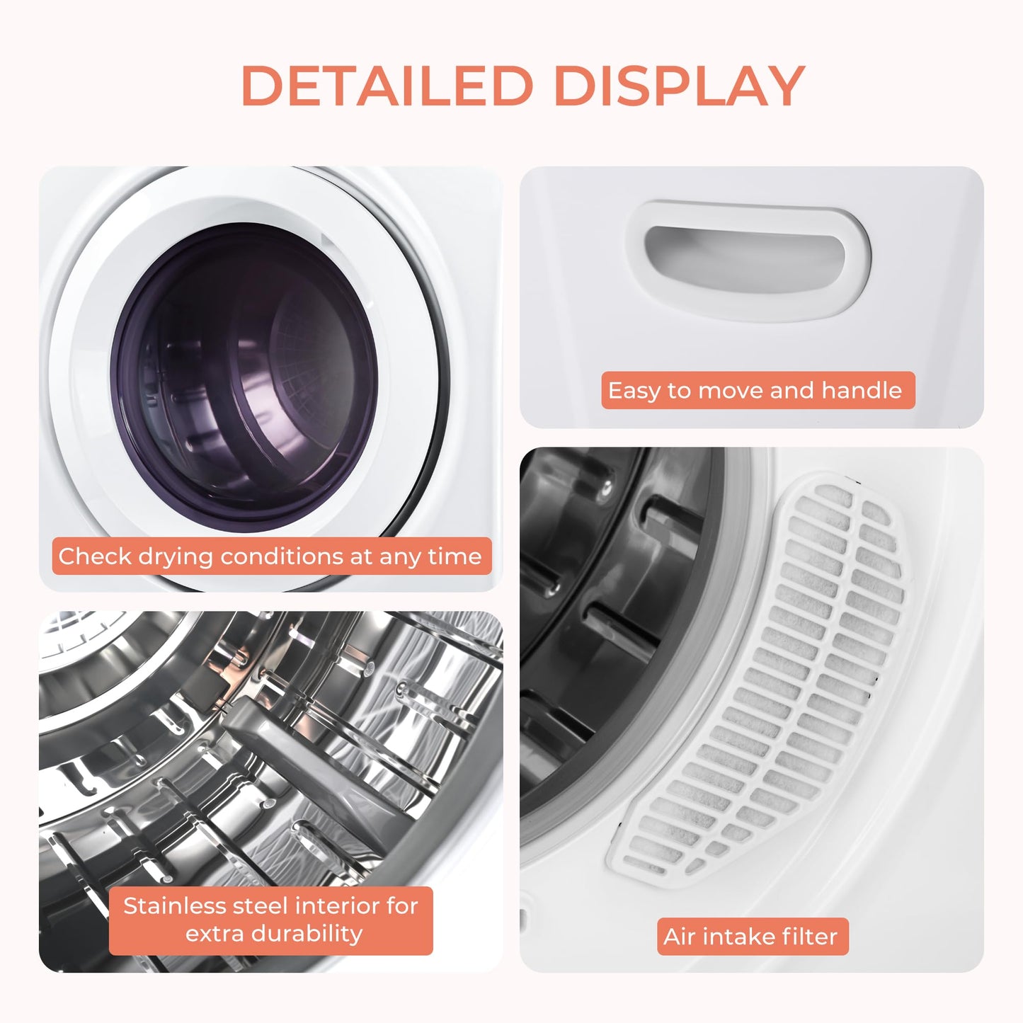 Euhomy 2.65 Cu.Ft Portable Dryer with Exhaust Hose, Clothes Dryer with Four Functions, 1400w Dryer Machine with Stainless Steel Drum, Suitable for Apartments, RVs, Gym