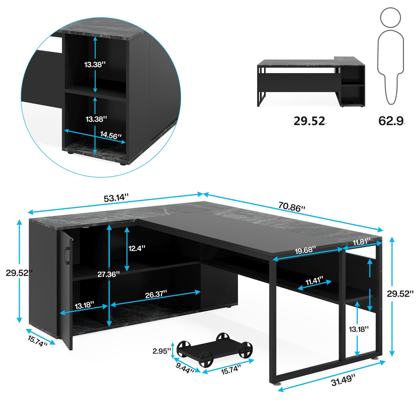 Tribesigns 71 inch Executive Desk, L Shaped Desk with Cabinet Storage, Executive Office Desk with Shelves, Business Furniture Set Workstation for Home Office, Black