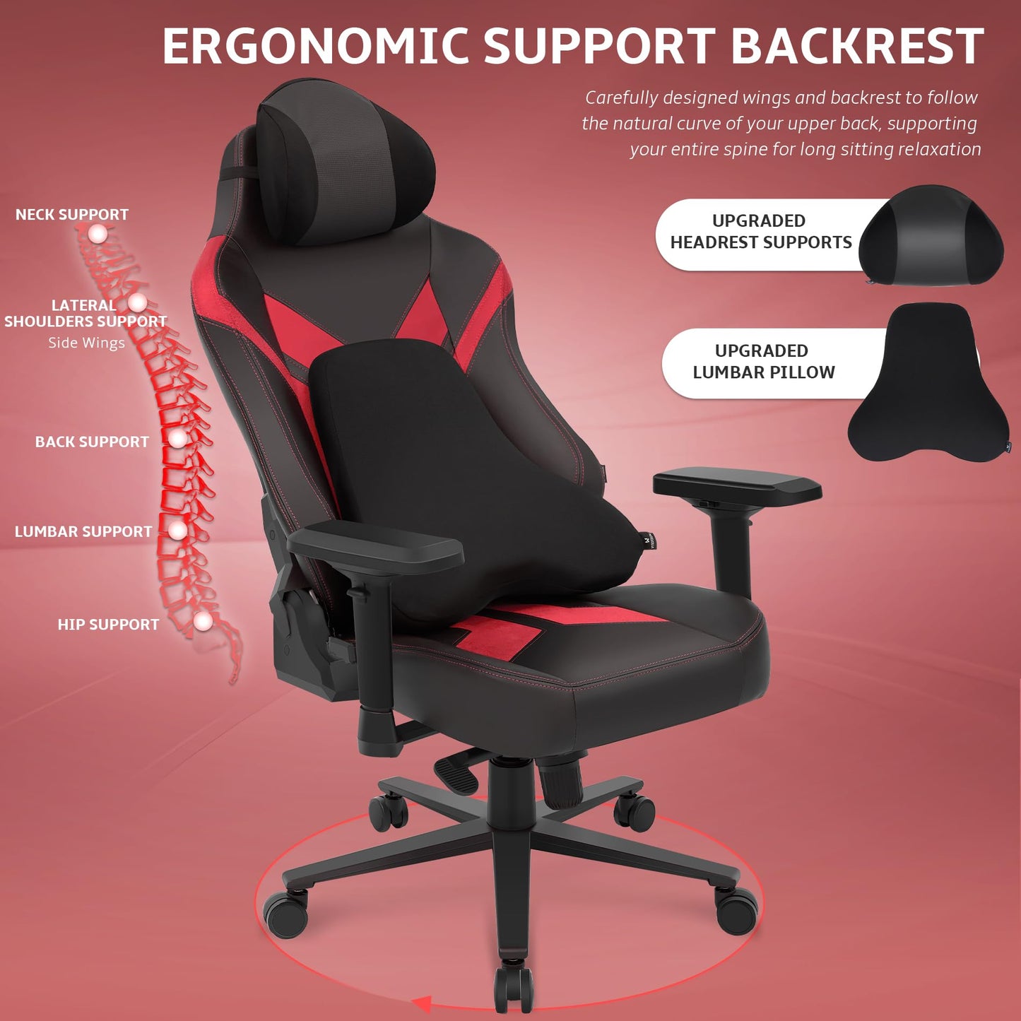 Wyrdforging Ergonomic Gaming Chair, Computer Desk Chairs, 4D Armrests, High Back Office Chair with Headrest & Lumbar Pillow, Tilt Rocker Recliner, Heavy-Duty Base, Black PU Leather & Red Suede Combo