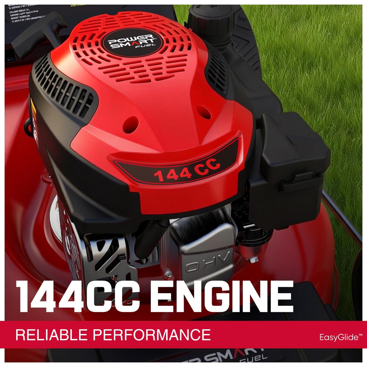 PowerSmart EasyGlide 21-Inch Gas Lawn Mower, 144cc 4-Stroke OHV Engine, Push Walk-Behind, 3-in-1 Mulch/Bag/Side Discharge, Steel Deck, 6 Height Adjustment