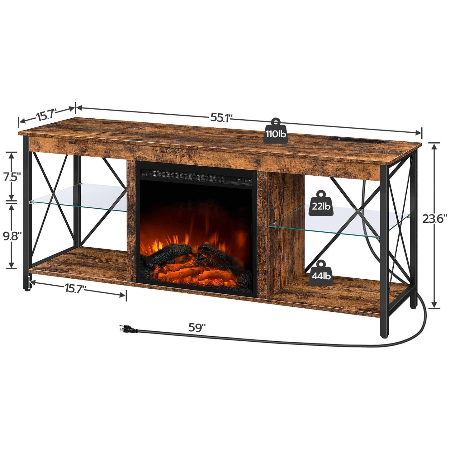 HOOBRO Fireplace TV Stand with Charging Station and LED Lights, TV Stand with Fireplace for TVs up to 65", Entertainment Center with Fireplace, Glass Shelves, Rustic Brown and Black BF140UDDS01