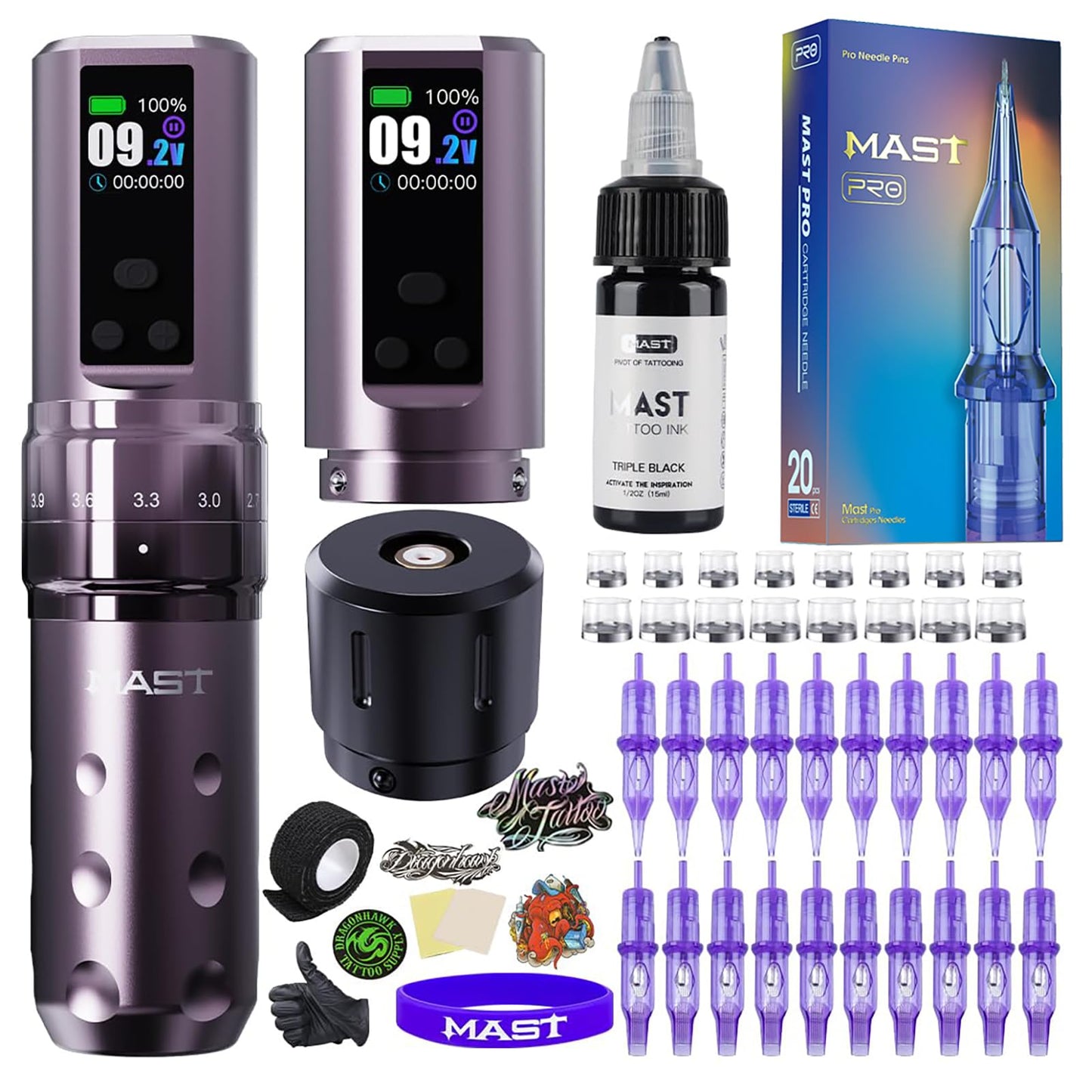Mast Fold2 Pro Tattoo Kit, Wireless Rotary Tattoo Pen Machine for Beginners & Pros, 7 Adjustable Strokes 2.4-4.2mm, Mcore-C1 Motor, 2x2000mAh Battery, 20 Cartridge Needles and Black Ink Kit
