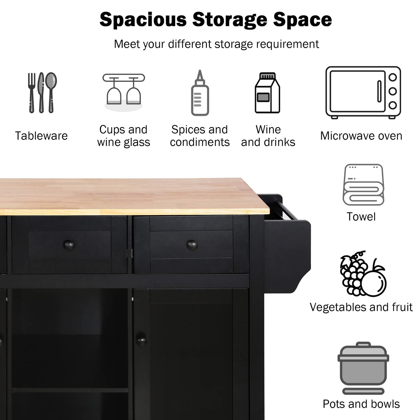 Merax Rolling Mobile Kitchen Island Cart Breakfast Bar with Wood Top, Door Internal Storage Racks, 3 Drawers and 5 Wheels for Dining Room