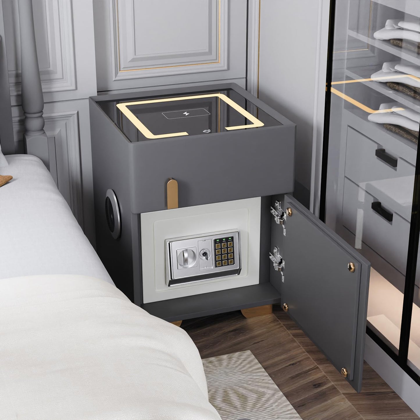 QHRAY Smart Nightstand with Drawers and Safe,Nightstand with Wireless Charging, Modern Bedside Table with Strongbox, USB Night Stand,LED Lights Bluetooth Speaker Side Table for Bedroom, Office