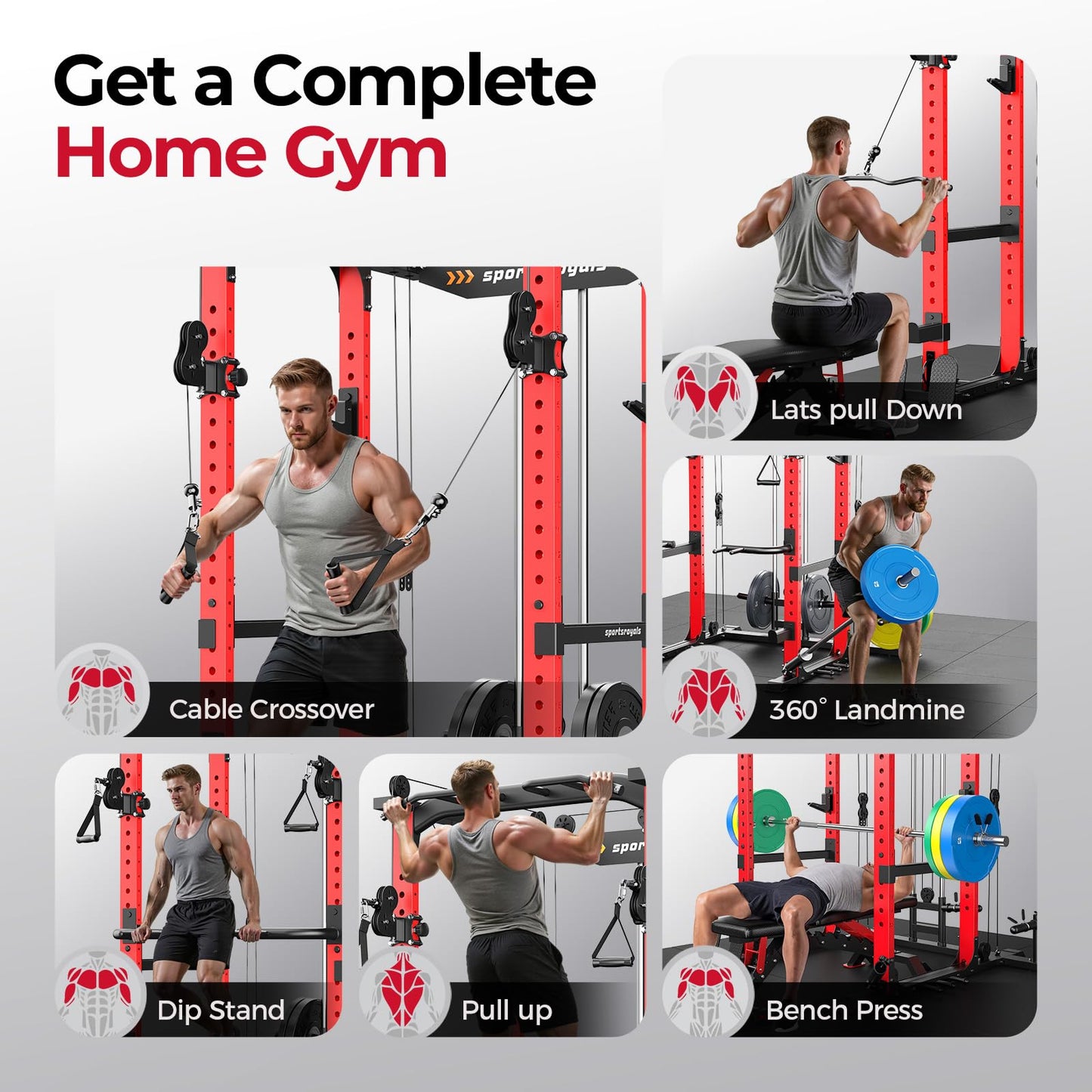 Sportsroyals Power Cage, Multi-Functional Squat Rack, Power Rack with Pulley System & LAT Pull Down, Workout Cage with J Hooks for Home Gym