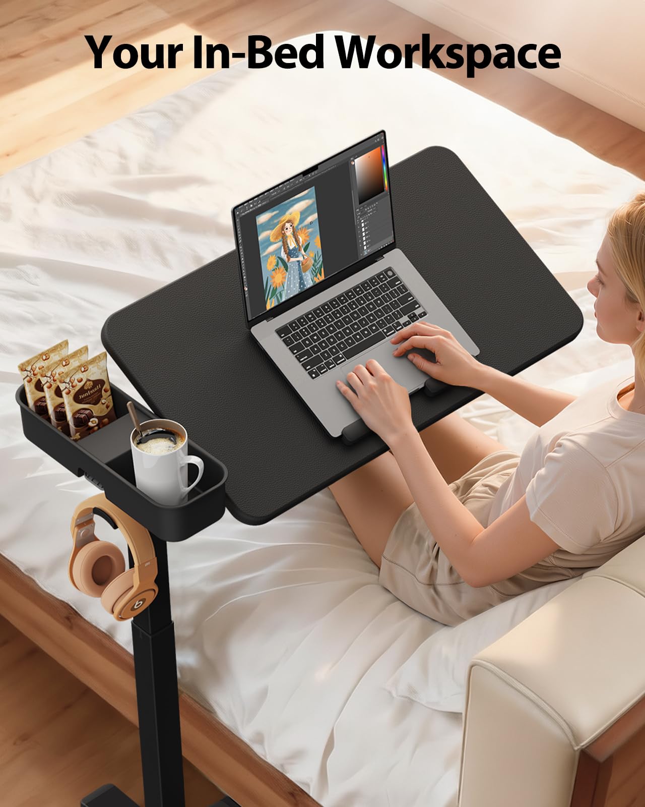 SAIJI Magnetic Overbed Bedside Table with Wheels, Height and 360° Angle Adjustable Over Bed Desk with Led Light, Portable Lengthened Rolling Laptop Standing Desk Mobile Bed Tables Hospital Home Use