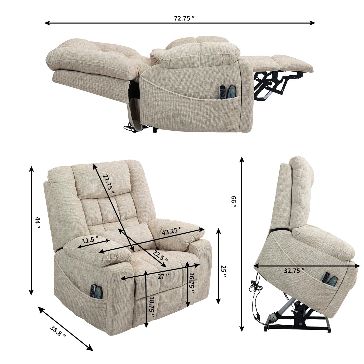 Power Lift Recliner Chair with 4 OKIN Motors Heat and Massage Lay Flat Electric Recliner Sofa Chair Adjustable Headrest and Lumbar for Big and Tall Adults