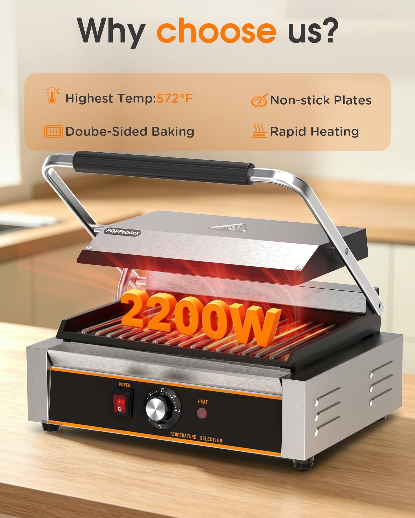 Popfoodex Commercial Panini Press - 2200W Electric Panini Sandwich Grill w/Nonstick Coating & Adjustable Temp, Stainless Steel, Panini Grill Press w/14"x9" Cooking Pan (Full Flat),Double-sided Heating
