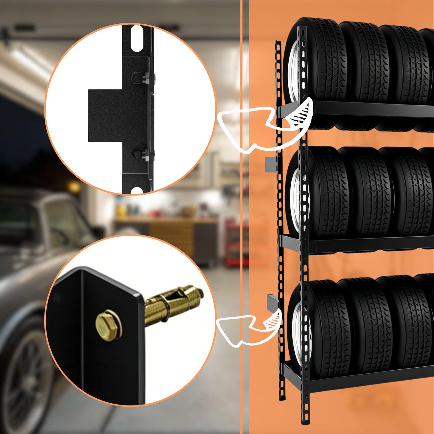 NULTRUMA 3-Tier Wall Mounted Industrial Tire Rack, Heavy Duty Steel Construction with 1500 lbs Shelf Capacity, 59" W x 18" D x 78" H, for Garage Passenger & Light Truck Tires, Assembly Required