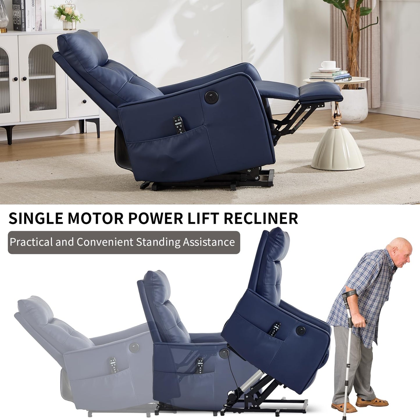 KEIKI Single Motor Power Lift Recliner Chair with Massage and Heat for Living Room, Synthetic Leather Upholstery with USB Charging Port and Side Pockets for Seniors