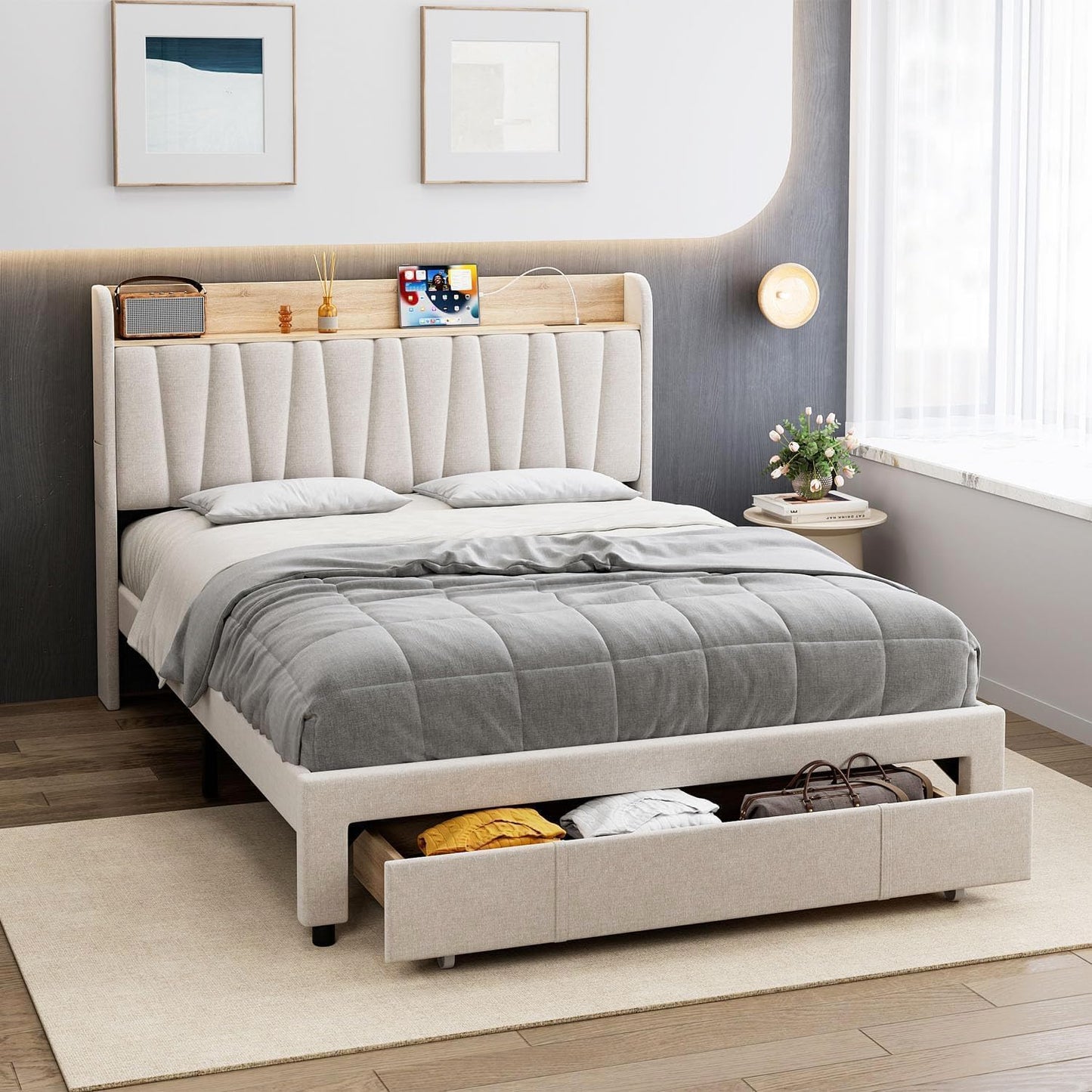 IDEALHOUSE Upholstered Bed Frame with Storage Headboard and Charging Station, Platform Bed Frame with Drawers, Heavy Duty, No Box Spring Needed, Easy Assembly, Beige, Queen Size
