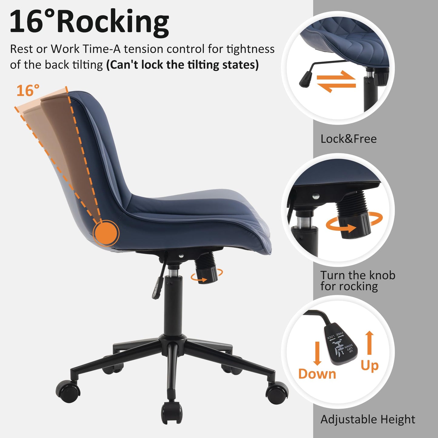 YOUTASTE Navy Blue Office Chair, Faux Leather Armless Desk Chair with Wheels, Height Adjustable, Swivel, Rocking, 300 lbs Capacity, Metal Base, for Home Office Vanity, Purple