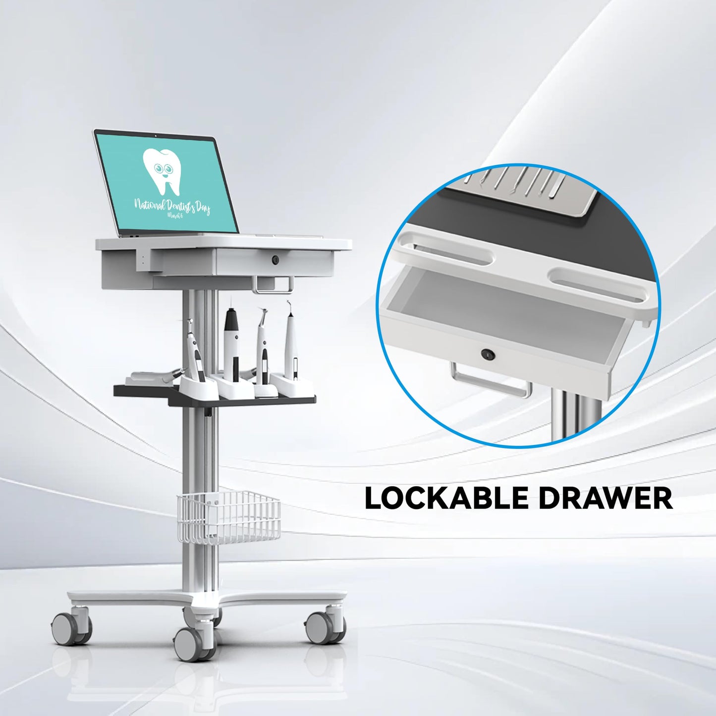 Medical Trolley Cart with Laptop Tray, Mobile Dental Clinic Workstation with Oral Scanner Holder for Hospitals Beauty Salon and Labs