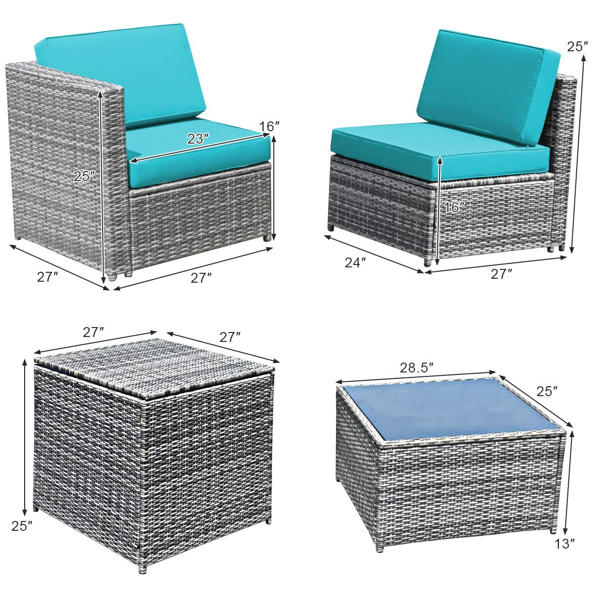 Tangkula 8 Pieces Wicker Patio Furniture Set with Storage Deck Box, PE Rattan Outdoor Sectional Conversation Set with Coffee Table & Cushions, Outside Furniture for Garden Yard Poolside (Turquoise)