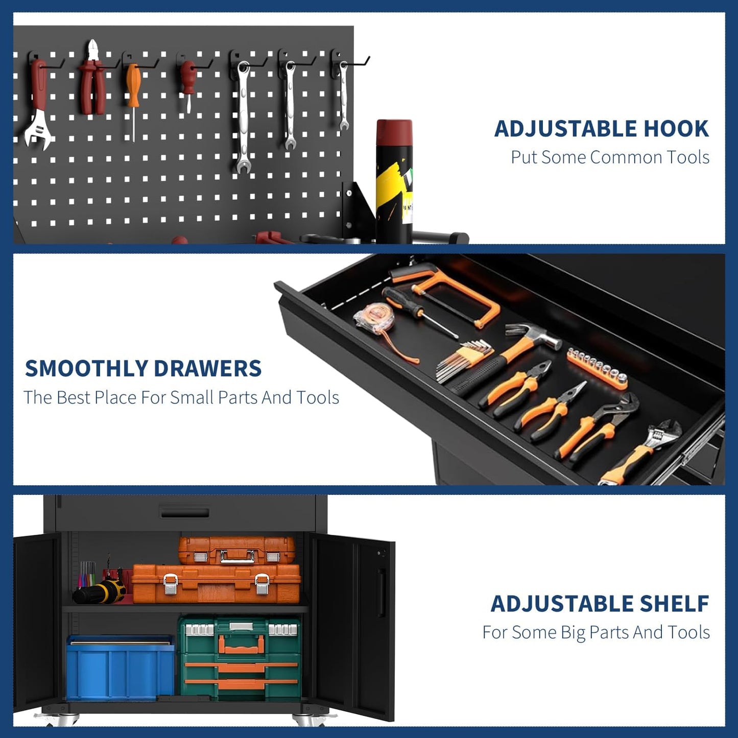 GarveeLife Mobile Tool Chest Cabinet with 2 Drawers and Pegboard, Rolling Metal Garage Workbench with Adjustable Shelf, Storage Cabinet on Wheels for Workshop Warehouse