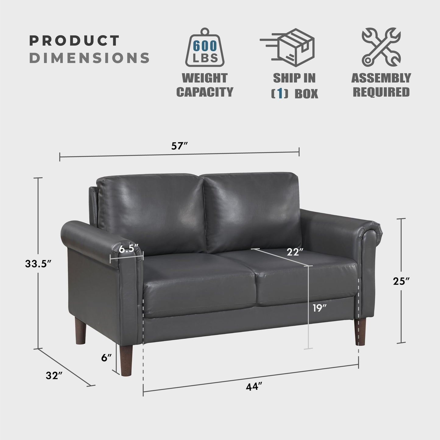 Lexicon 57" W Loveseat, Faux Leather Upholstered Couch, Loveseat with Rolled Armrest for Bedroom/Office/Waiting Room, 2 Seater Couch, Dark Gray