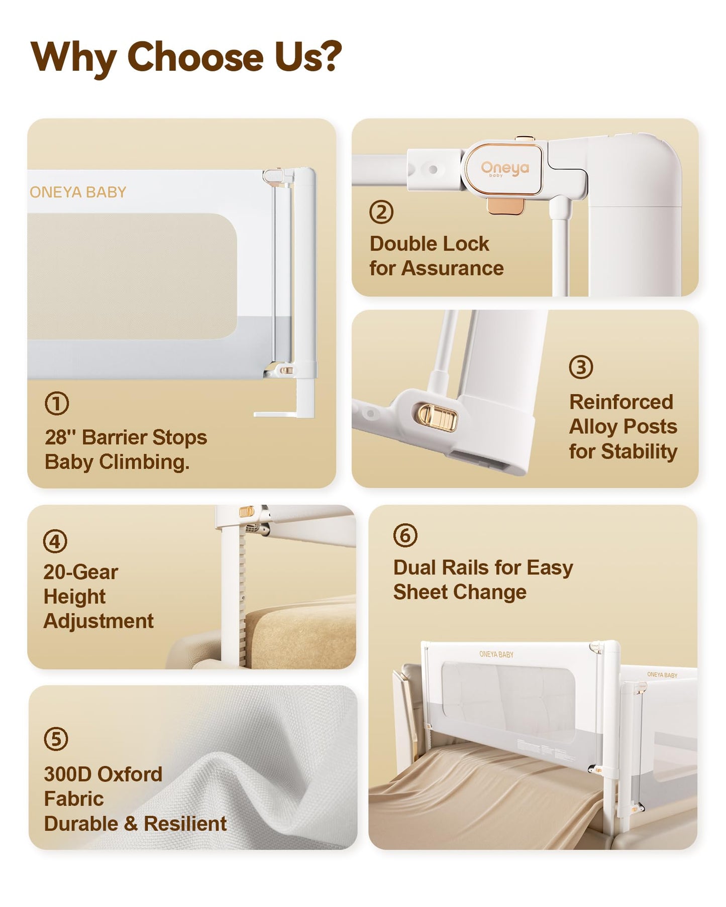 ONEYA BABY 3 Pack Bed Rail for Toddlers with Height Adjustable for Queen Size Bed, White/Grey,78.7x78.7x60 Inches