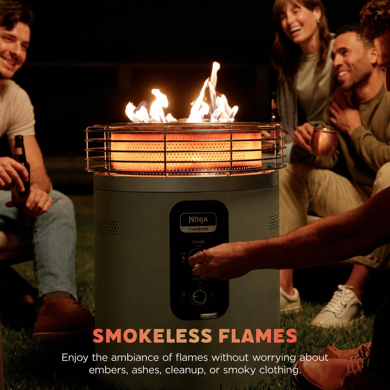 Ninja Fireside360 Outdoor Heater & Fire Pit | 3 Modes: Flame Only, Heat Only, Flame & Heat | Portable for Patio, Deck, Camping, Easy Control Smokeless Flames | Push to Start Ignition | Moss | OF101GN1