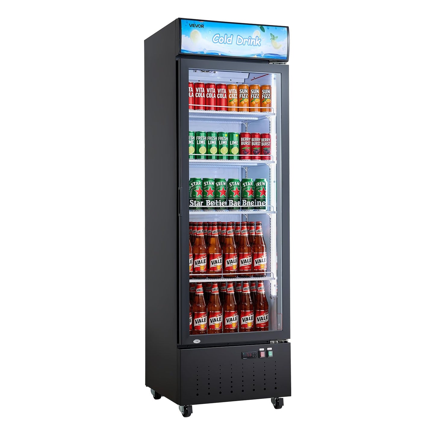 VEVOR Commercial Merchandiser Refrigerator, 12.7 Cu.Ft / 360 L Glass Door Display Refrigerator, Upright Beverage Cooler with Customizable Lightbox, 4 Adjustable Shelves & Soft LED Light for Home Shops