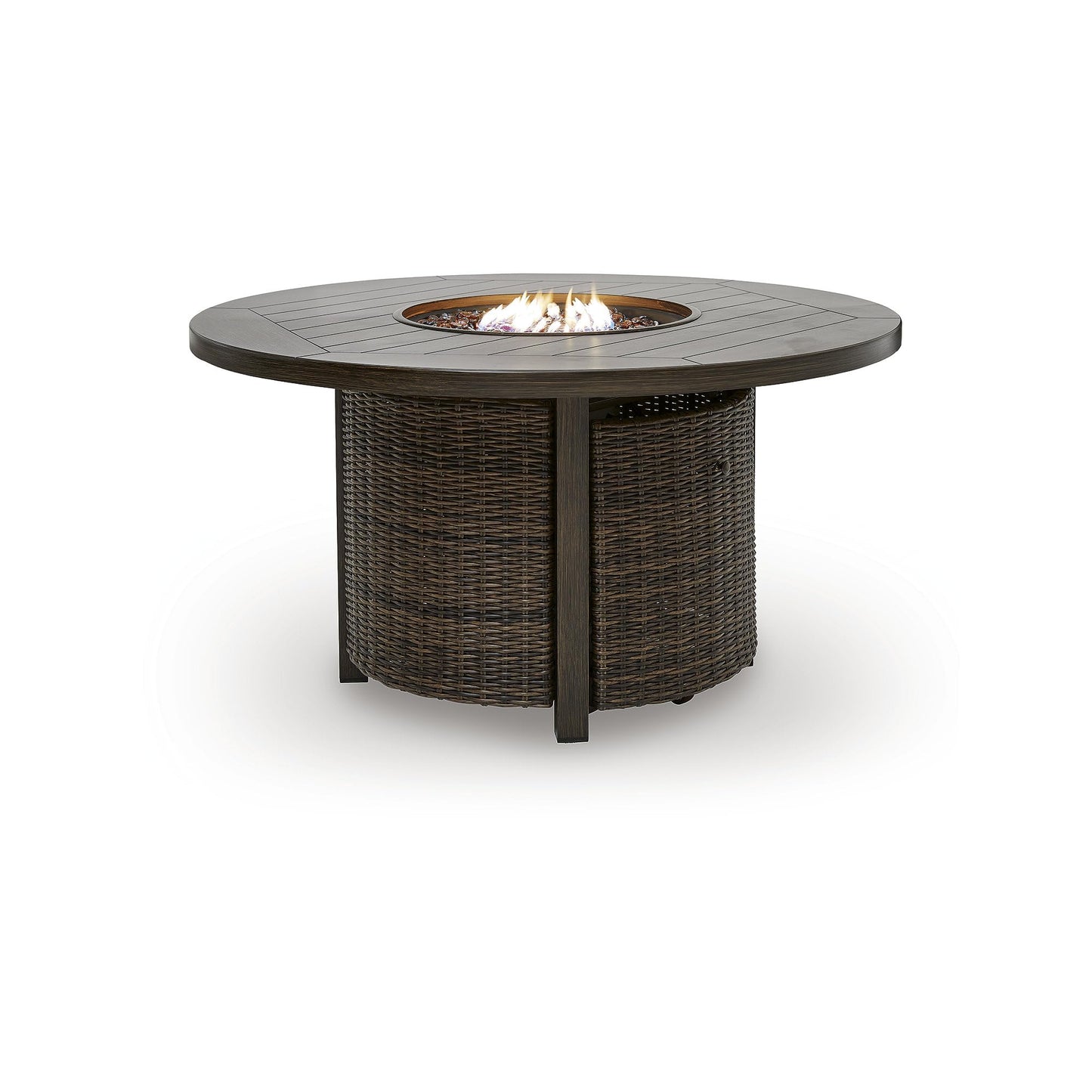 Signature Design by Ashley Drakes Beach Fire Pit Table, 55,000 BTU Stainless Steel Burner, Resin Wicker on Aluminum Frame, Wood-Look Finish for Patio Deck Entertaining, 48' Square