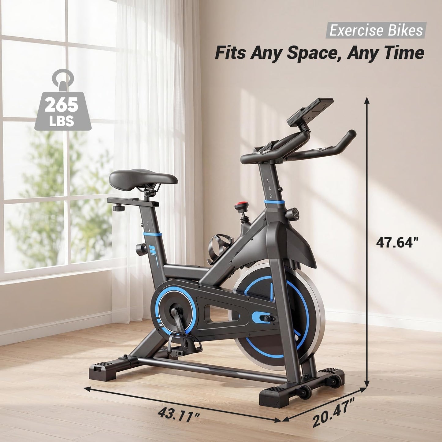 DUMOS Exercise Bike with APP, Stationary Bikes for Home, Workout Bike for Adults & Seniors, Adjustable Height and Resistance, Low Noise, 265lbs Weight Capacity, Easy Setup, Black&Blue