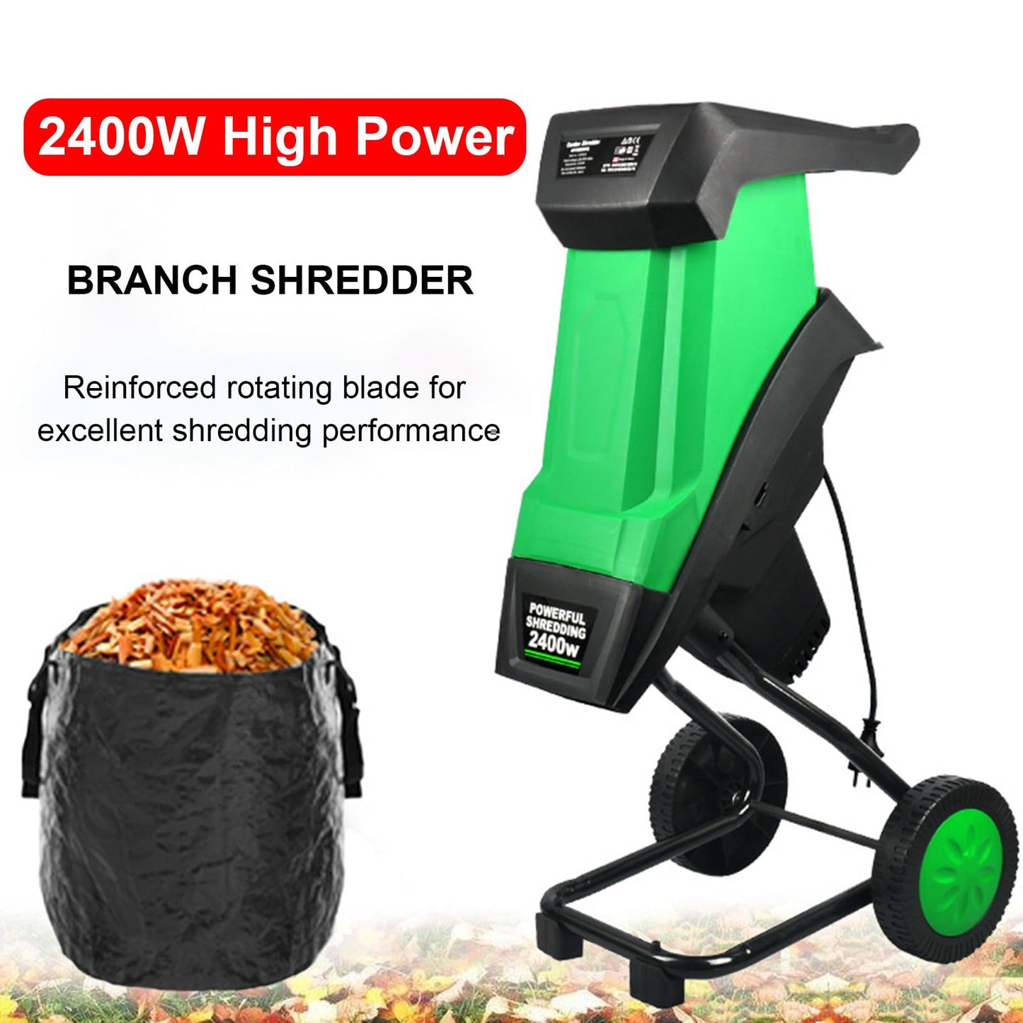 GwlThixion Wood Chipper, 1.5 Inch Cutting Diameter, 2400W Electric Wood Chipper Shredder with 50L Large Capacity Collection Bag, for Mulching, Composting and Yard Cleanup