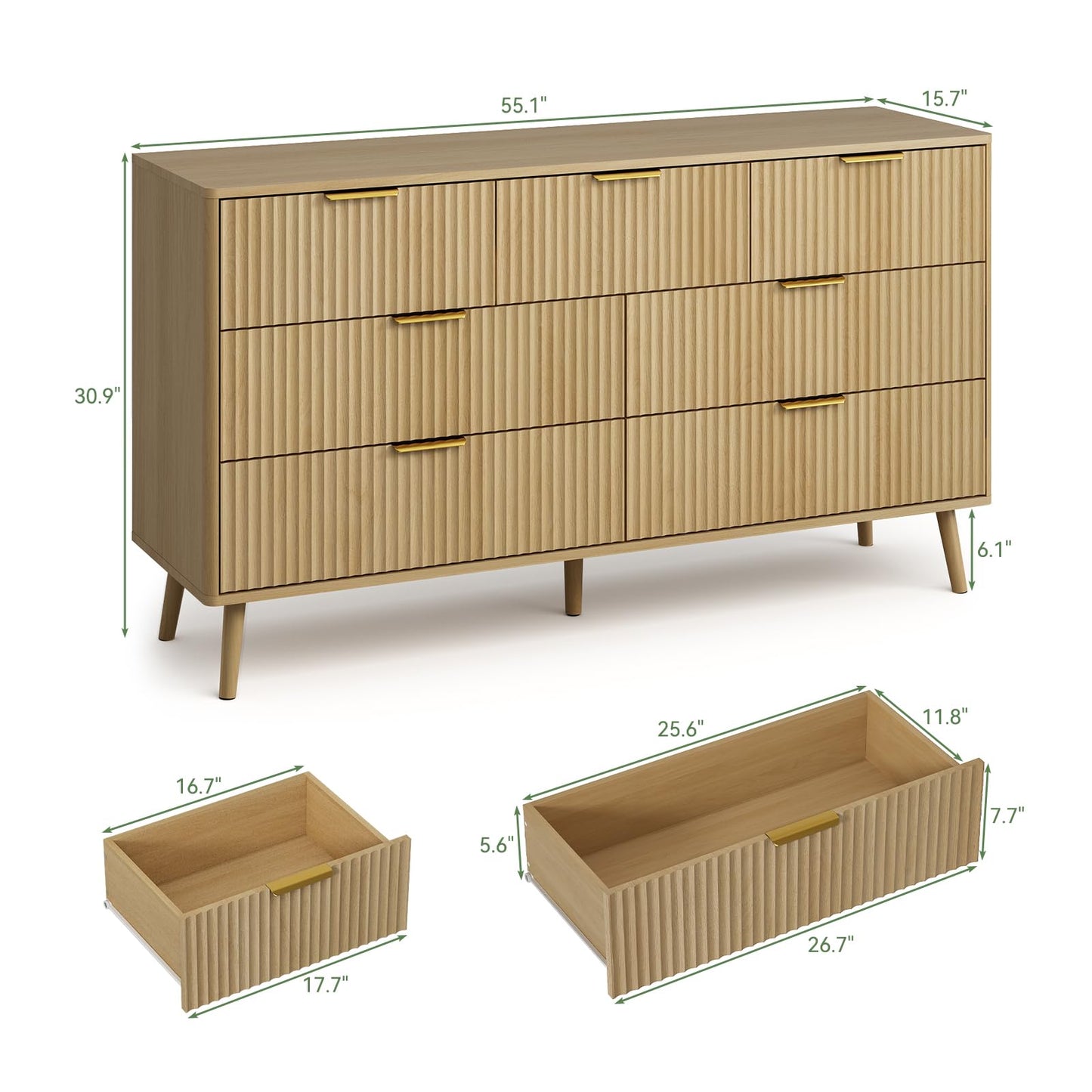 LYNSOM 55" Wide Fluted Dresser for Bedroom with 7 Drawer, Modern Chest of Drawers with Curved Profile Design and Metal Handles, Wood Dresser TV Stand & Storage Organizer for Living Room, Oak