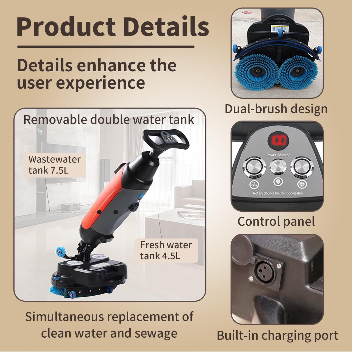 LADECNERHT Battery Powered Walk Behind Mini Automatic Floor Scrubber Machine, 17” Cleaning Width, 90 Minute Runtime, 240 RPM, for Small Commercial Spaces, Offices, Retail & More
