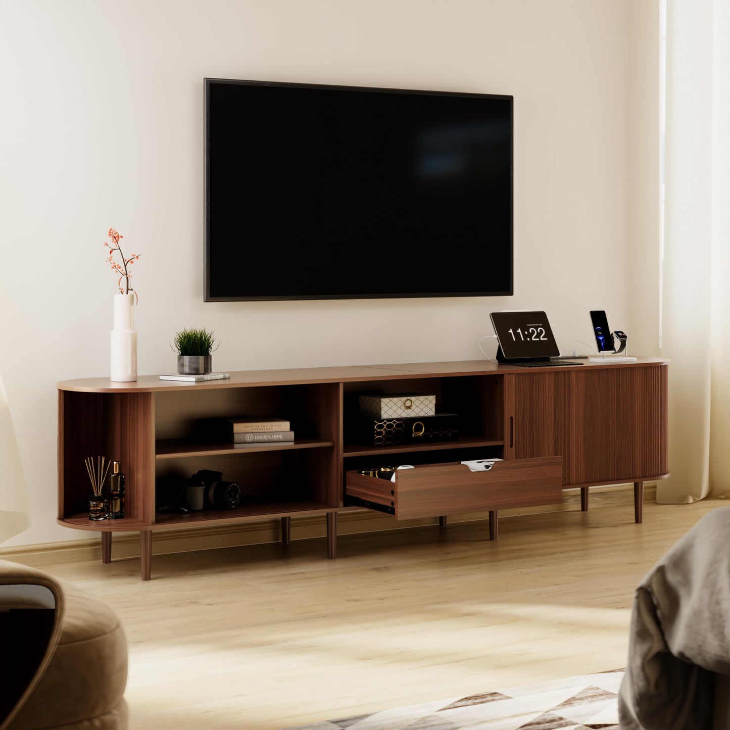 DHH 86.6" Fluted TV Stand with Power Outlet for TVs up to 90", TV Console with Adjustable Shelves and Sliding Door,Mid Century Modern Entertainment Center for Living Room,Bedroom (Walnut)
