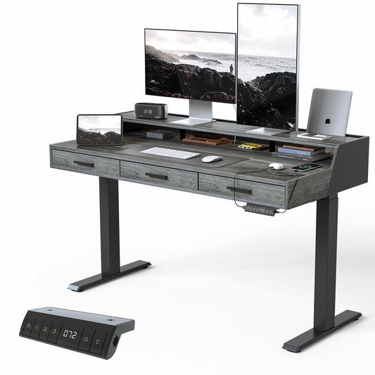 CubiCubi Standing Desk 55x26 Inches with 3 Wood Drawers and Monitor Shelf, Ergonomic Rising Home Office Desks, Height Adjustable Computer Desk, Sit Stand Up Electric Workstation Table, Antique Grey