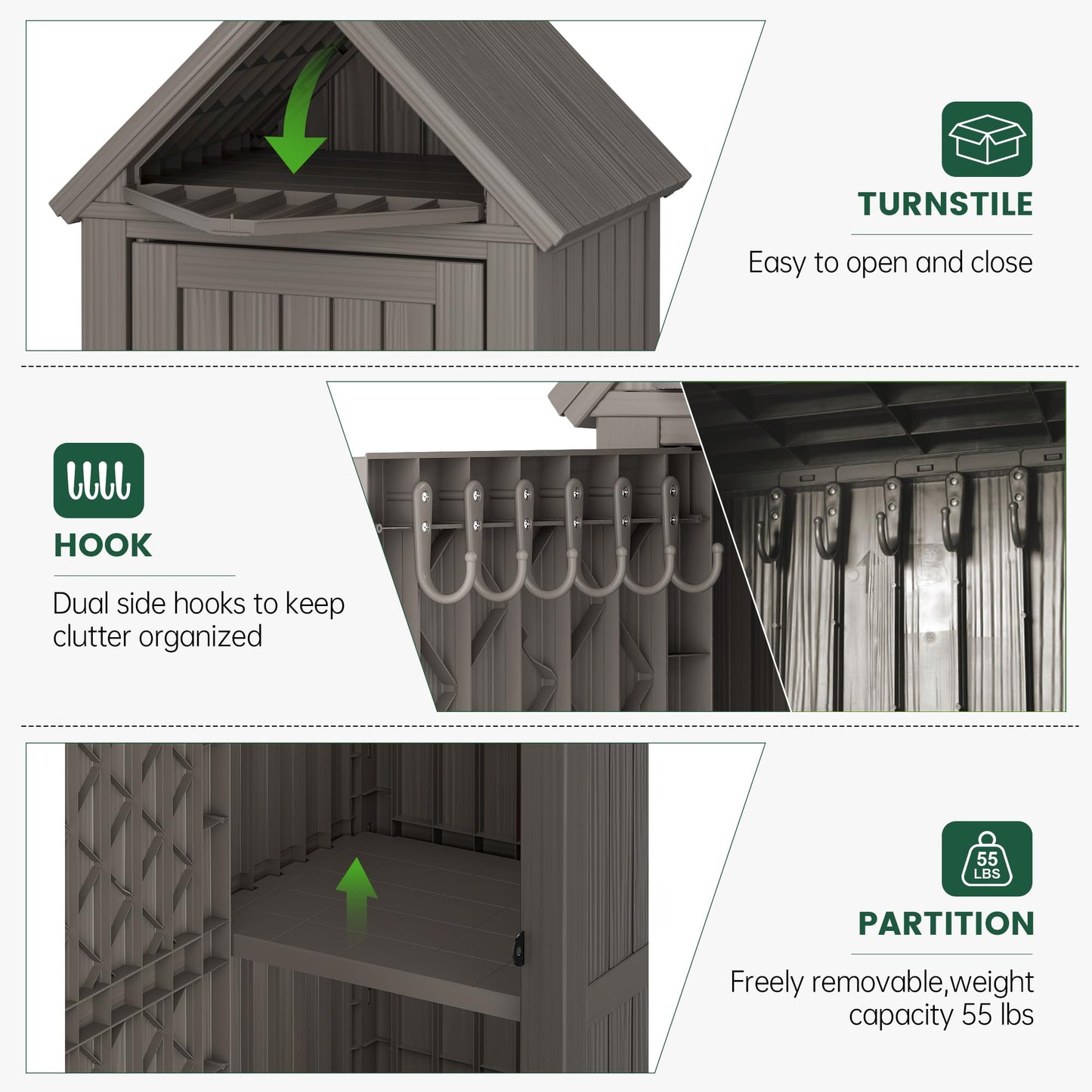Bifanuo Deck Box Storage Shed Outdoor Storage Cabinet, Vertical Waterproof Resin Material Plastic Shed with Removable Shelves, 12 Hooks and Lock Ring for Garden, Pool and Patio (Grey)