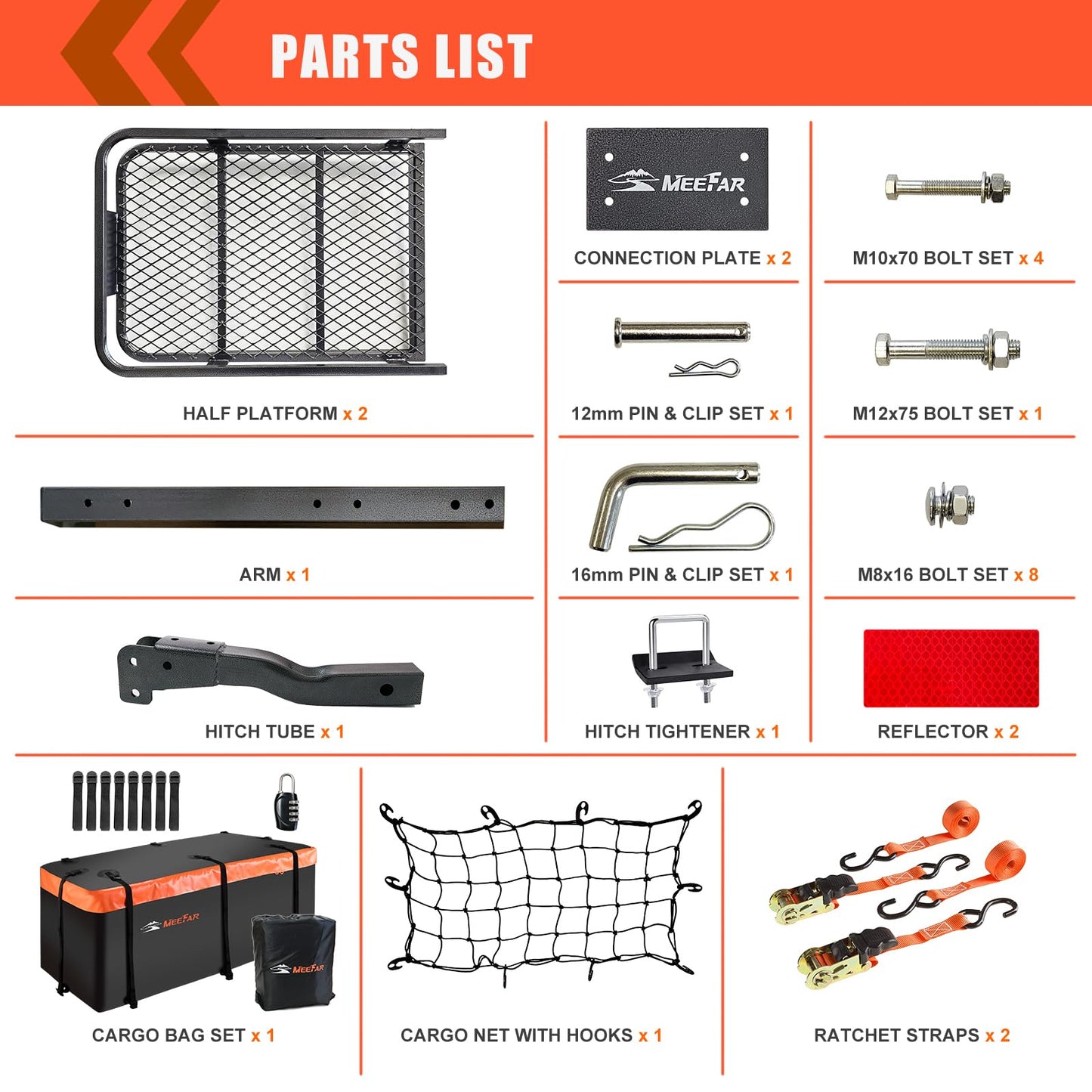 Hitch Mount Cargo Carrier Basket 60"*20"*6"+Waterproof Bag 16 Cubic Feet(58"*19"*24"),and Cargo Net with Attachment Hooks,Ratchet Straps,Hitch Stabilizer.500 Lbs Capacity,Foldable,fit 2" Receiver