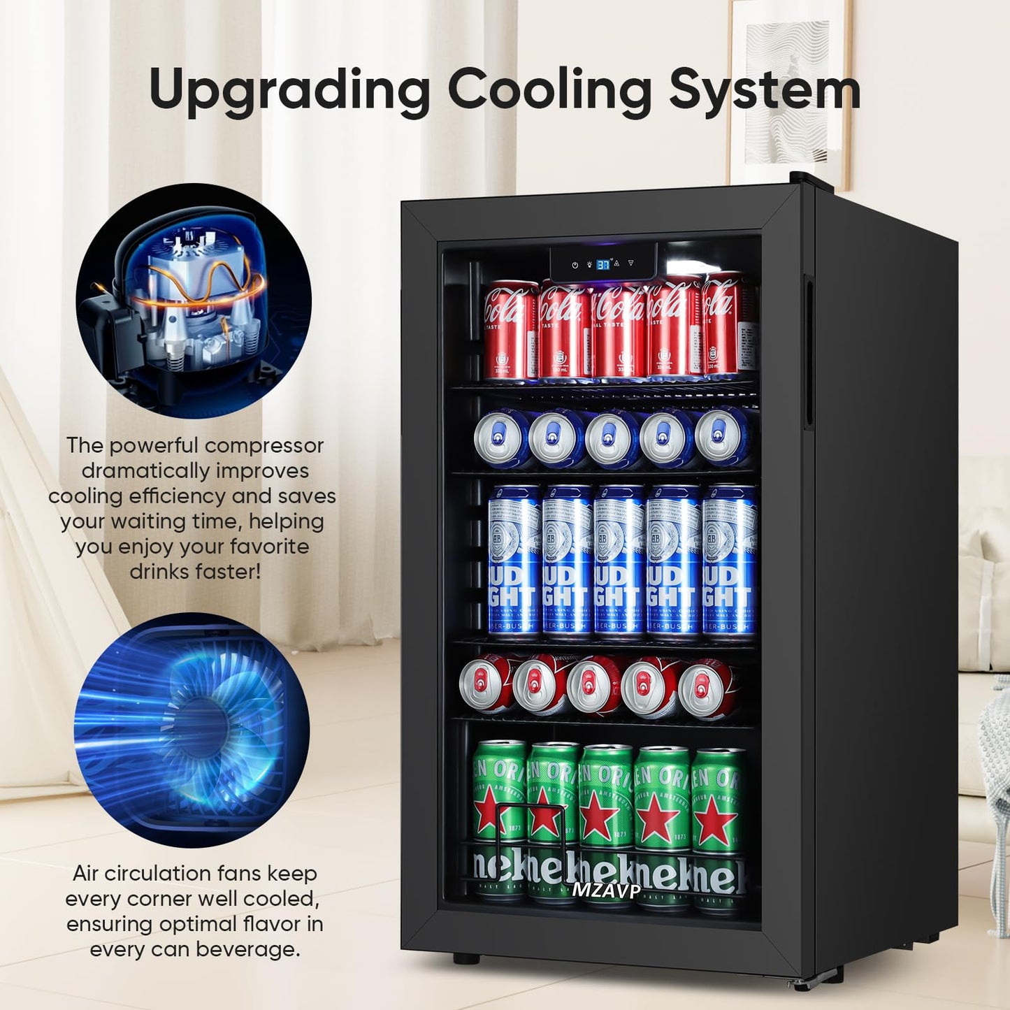 MZAVP 120 Cans Beverage Refrigerator Freestanding, Small Beverage Cooler with Glass Door, Mini Drink Fridge for Beer Soda, 3.0 Cu.Ft for Office, Home, Bar, White LED Light & Reversible Door - Black