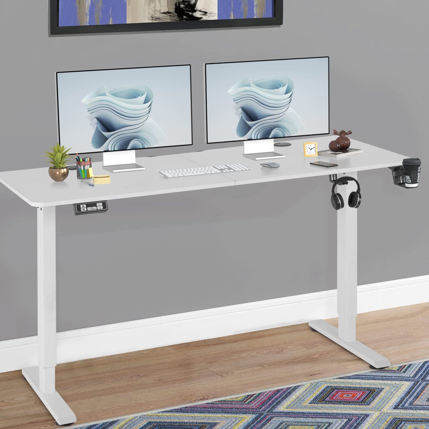 Electric Standing Desk Height Adjustable Computer Desk 55 inches Home Office Gaming Desk Writing Computer Workstation PC Simple Sit-Stand Large Working Area Student Kids Study Desk (White)