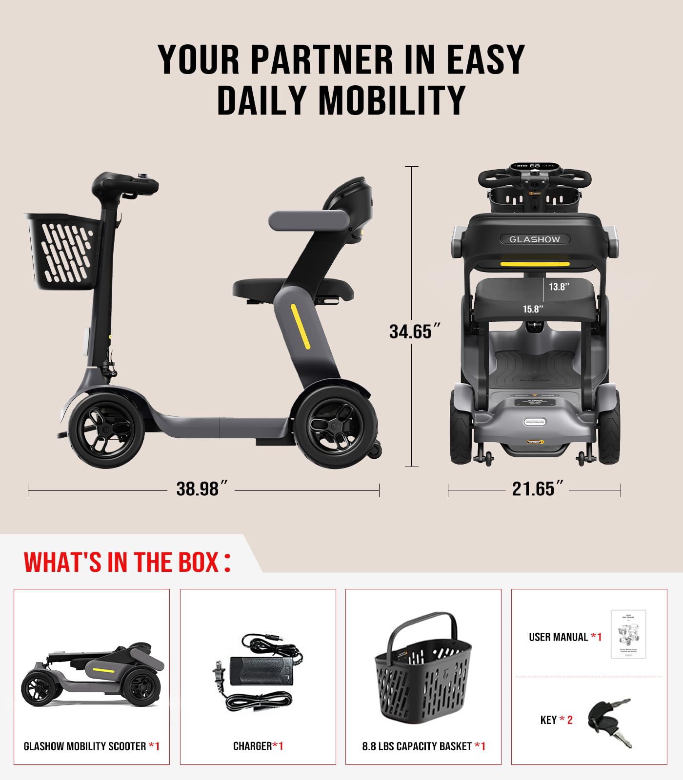 Glashow S3 Folding Mobility Scooter for Seniors & Adults – 4-Wheel All-Terrain Electric Scooter, 25 Mile Range, 6 MPH, 265 lb Capacity, Reverse, LED Lights & Basket – Gray