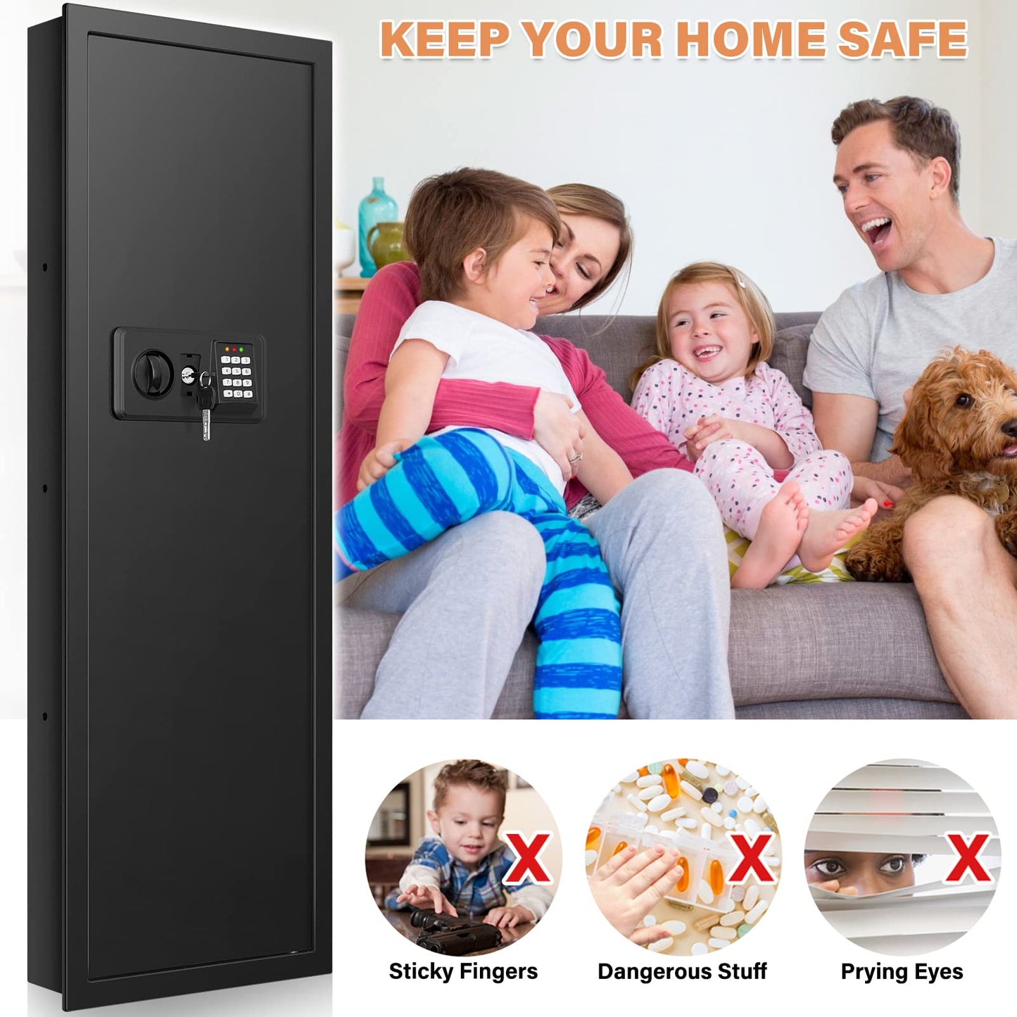 43.3" Tall Fireproof Wall Safes Between the Studs 16" Centers, Electronic Hidden Safe with Removable Shelf, Fireproof in Wall Safe for Money Jewelry Passport