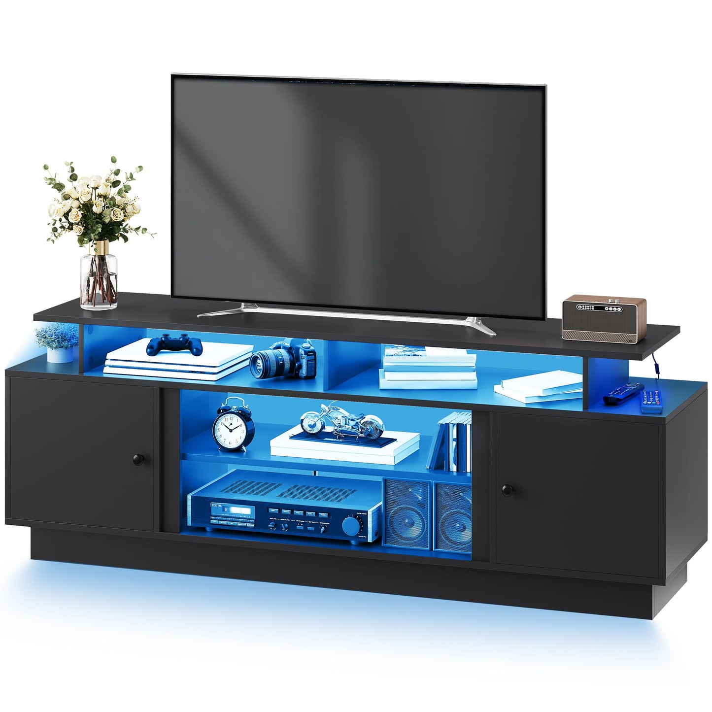 DWVO Modern TV Stand for 75 Inch TVs, Entertainment Center with LED Lights, TV Console with Storage Cabinets & Movable Partition for Living Room, Black