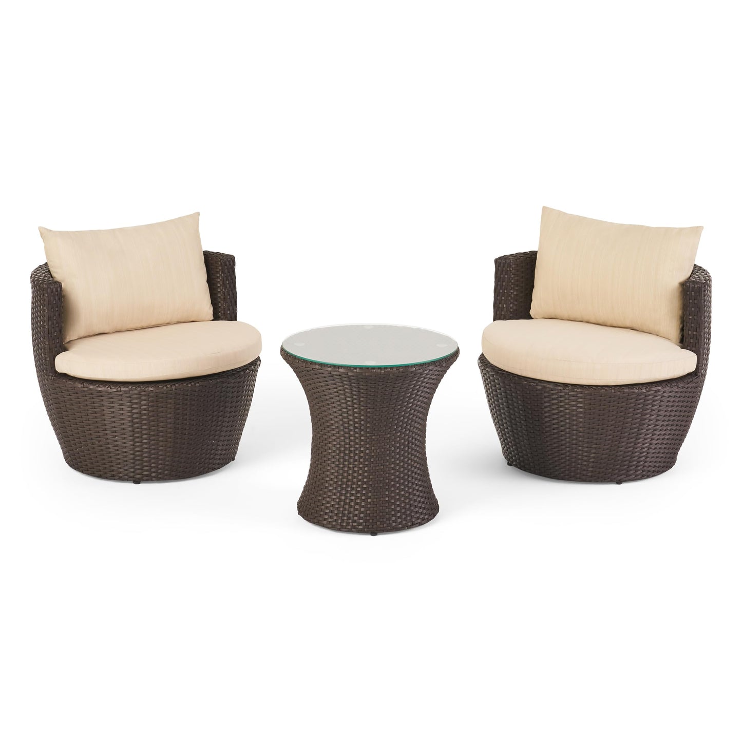 Merax Patio Furniture Set of 3, Outdoor PE Rattan Wicker Chairs with Cushion & Glass Coffee Table for Balcony Garden Front Porch, Patio Conversation Sets for 2, Sturdy Aluminum Frame, Brown+Beige