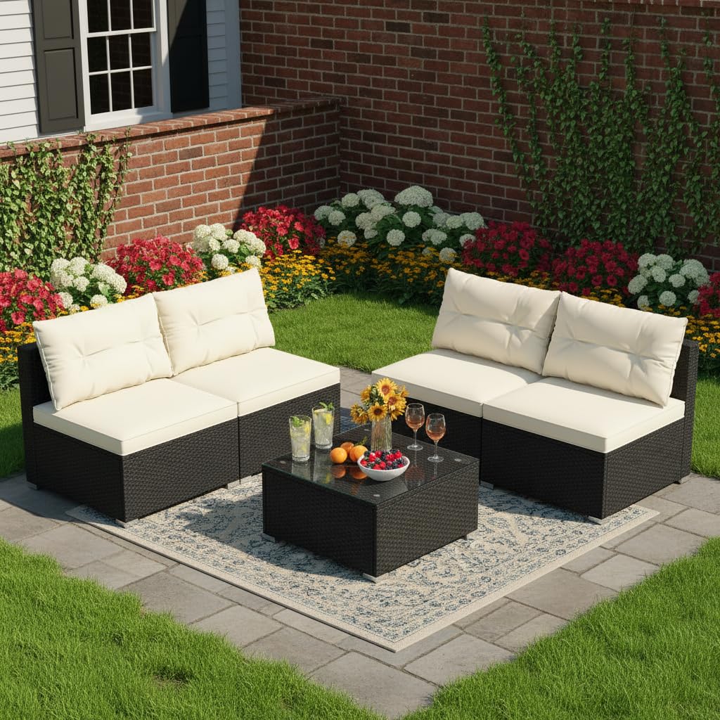 Tangkula 5 Piece Rattan Sofa Set, Patiojoy Outdoor Wicker Furniture Set with Seat & Back Cushions, Square Coffee Table, Patio Sectional Sofa Set for Backyard, Poolside, Garden