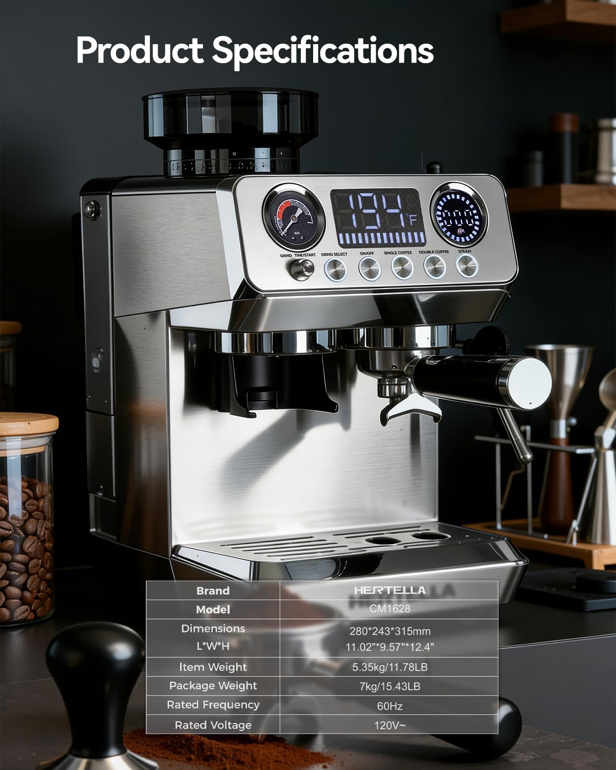 HERTELLA Espresso Machine with Burr Grinder, 20 Bar Visual Pressure Gauge, Milk Frother Steam Wand, Stainless Steel, 4 Temperature Modes (Hot and Cold Brew), Automatic Pressure Release Function